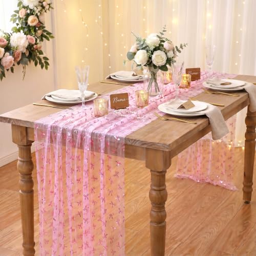 Pink Cheesecloth Table Runner 10FT with Pink Tulle & Bows for Wedding & Party Decor