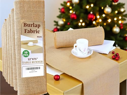 Natural Burlap Table Runners 12 x 72 Inch Pack of 10 - Rustic Farmhouse Decor
