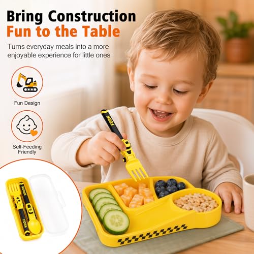 Construction Toddler Utensils Fork and Spoon Set with Storage Case