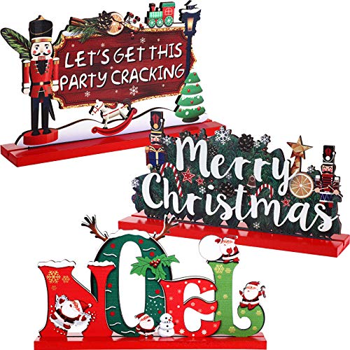Christmas Wooden Table Decorations Set - Santa Nutcracker & Noel Sign Centerpiece