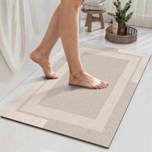 YDKGL Thin Non Slip Bath Mat, 16x24 Absorbent Quick Dry Bathroom Rug with Rubber Backing, Beige