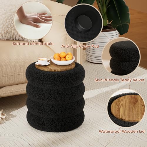 Round Teddy Storage Ottoman with Tray - 17.5 Inch Plush Vanity Stool