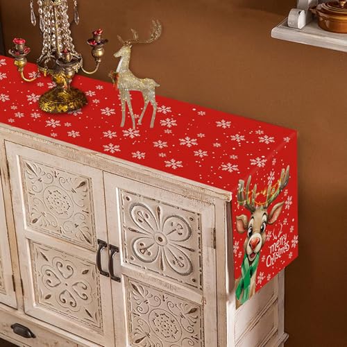 Red 13x90 Inch Merry Christmas Table Runner with Reindeer & Snowflake - QIONG MENG