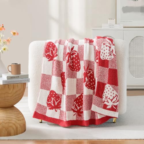 Strawberry Checkered Throw Blanket 50x60 in - Snuggle Sac Microfiber, Cozy Reversible