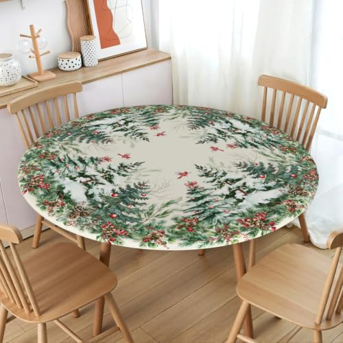 Roverantic 44-Inch Beige Green Red Christmas Round Fitted Tablecloth Winter Decor