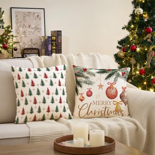 YOSICHY Christmas Pillow Covers 18x18 Inch Set of 4 Red Green Holiday Decor