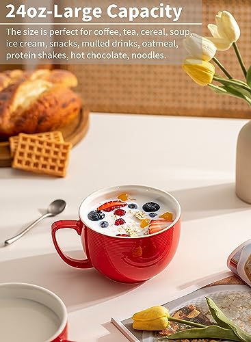 Teocera Red Mug Set of 4 - 24oz Jumbo Coffee Cups with Striped Design, Microwave Safe, Large Handle, Holiday Gift