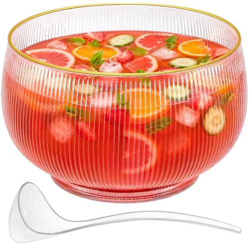 2.5 Gallon Ribbed Glass Punch Bowl Set with Gold Rim and Serving Ladle