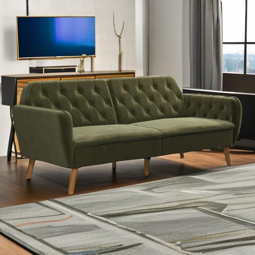 Green Velvet Memory Foam Convertible Futon Sofa Bed with Button Tufting