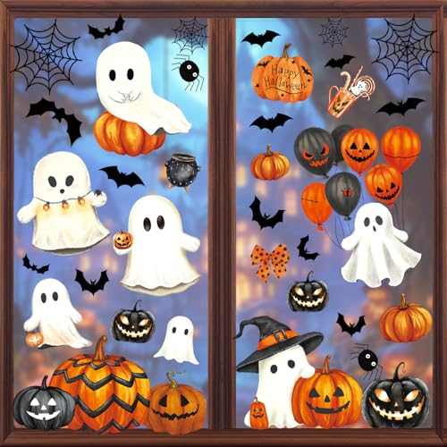 Halloween Window Clings - 8 Sheets of Ghost & Pumpkin Decor