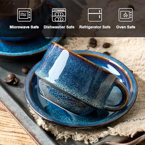 Midnight Tide Porcelain Stackable Espresso Cups & Saucers Set with Metal Stand, 7.4 oz Coffee & Tea Cups