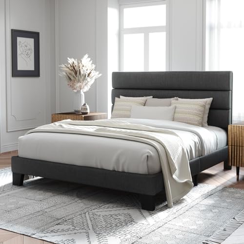 Allewie Queen Size Platform Bed Frame with Upholstered Headboard Dark Grey