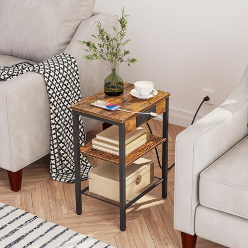 3-Tier Side Table with Charging Station & USB Ports - Rustic Brown