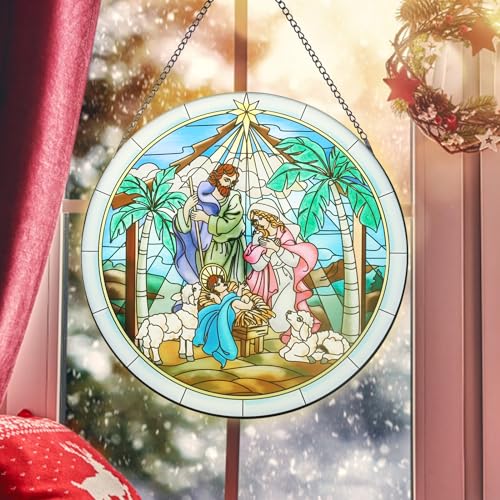 Stained Glass Nativity Scene Window Hanging Decor | Hand-Painted Artwork