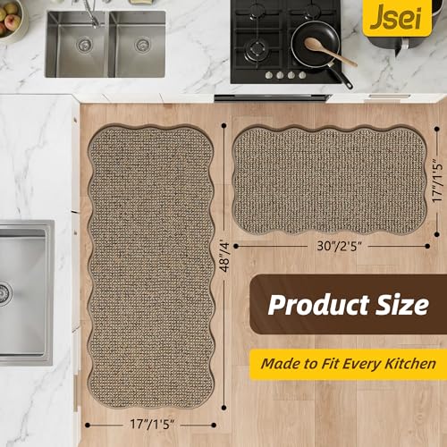 Scalloped Kitchen Rugs and Mats Set, 2-Piece Non-Slip Washable Taupe Rug