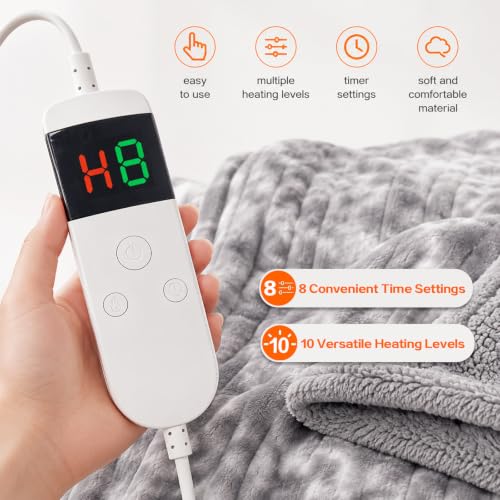 Heated Electric Blanket Throw 50''x60'' - Soft Flannel & Sherpa, 10 Heat Settings, Washable