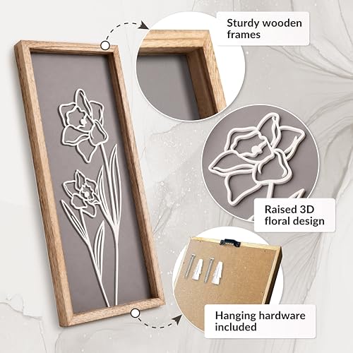 3D Floral Framed Wall Art Set, 4-Piece Wooden Botanical Boho Decor