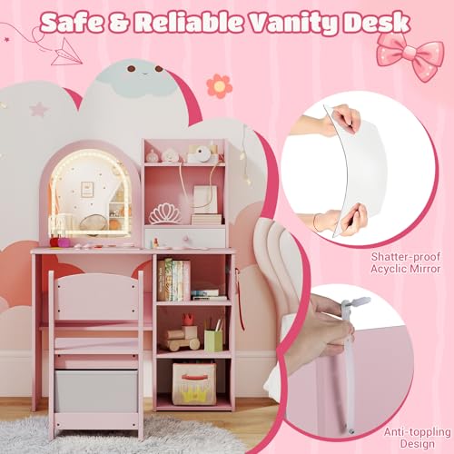 Kids Vanity Set with Lighted Mirror, Drawer, and Chair - Pink Dressing Table