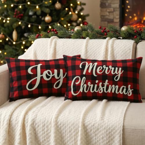 Artscope Joy Merry Christmas Lumbar Throw Pillow Covers 16x24 in Black & Red (Set of 2)