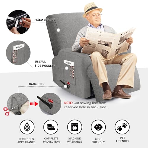 Stretch Recliner Chair Covers - Plush Fabric Slipcovers for 1 Seater, Light Gray