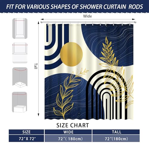 Boho Mid-Century Shower Curtain, Abstract Sun and Leaf Print, 72x72 Inch