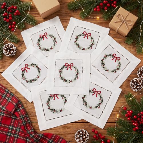 12 Pcs Linen Cocktail Napkins with Hemstitch Christmas Wreath Design - Holiday Table Decor