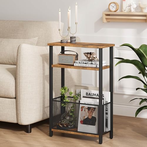 3-Tier Slim Side Table with Storage Basket, Rustic Brown Narrow End Table