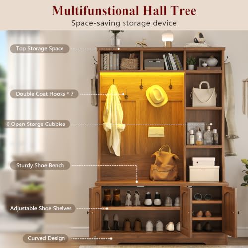 39.4-Inch Hall Tree with LED Lights, Rattan Entryway Bench & Shoe Storage
