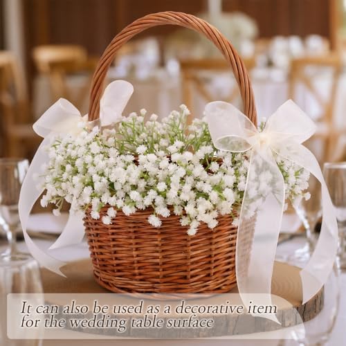 Rustic Wicker Flower Girl Basket with Artificial Baby Breath & Bow