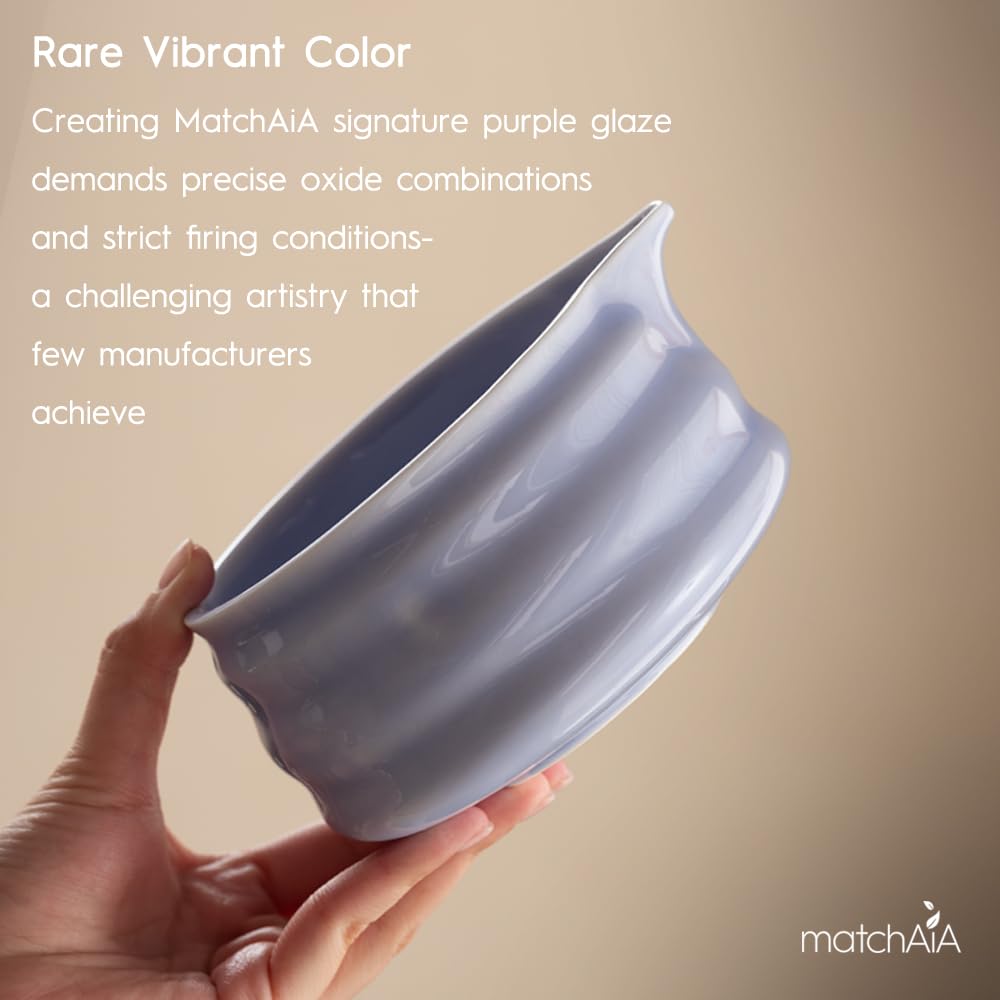 MatchAiA Matcha Whisk Set - Ceramic Bowl, Bamboo Whisk with Holder, Storage Canister, Sifter, Schima Spoon with Rest, Tea Towel - 8 Pcs Complete Kit for Traditional Matcha and Modern Lattes (Purple)