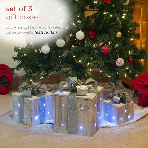Alpine 3-Piece Wooden Gift Box Christmas Decor with LED Lights - Silver Ribbon