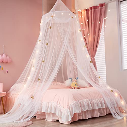 Princess Bed Canopy with Lights - Gold Star Dome Net for Kids Beds
