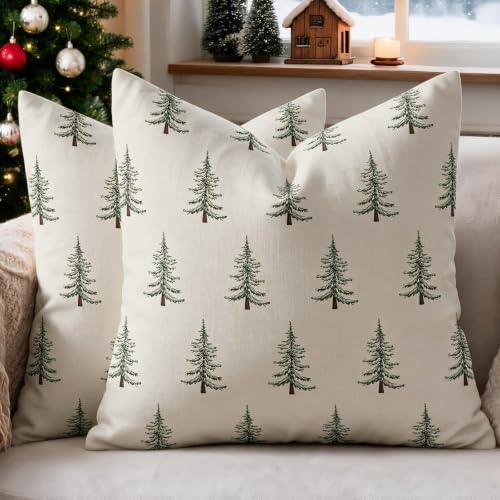 Smozenith Christmas Pillow Covers 18x18 Dark Light Green Set of 2 | Xmas Tree Decor