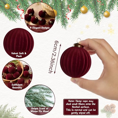 Bornerwhite 24 Pcs Burgundy Velvet Scented Christmas Balls 2.36 Inch - Flocked Holiday Ornaments for Xmas Tree & Decor