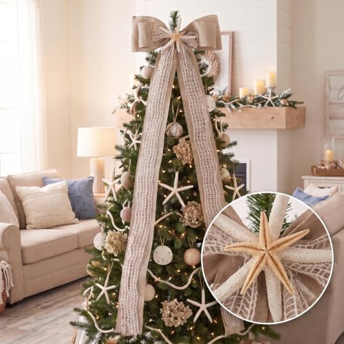 Dingion Giant Coastal Christmas Tree Topper Bow with Burlap & Starfish, 20 x 47 inches