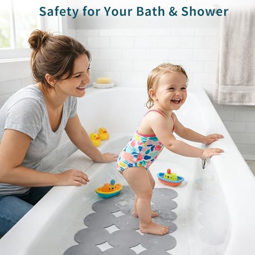Extra Long Non-Slip Rubber Bath Mat, 15.4" x 37.8" with Strong Suction Cups