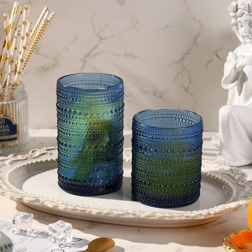 Moretoes Blue Hobnail Drinking Glasses Set of 6, 10oz & 12oz Vintage Glass Cups