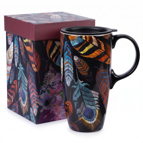 Black Topadorn 17oz Ceramic Travel Mug with Lid - Feather Art Coffee Cup