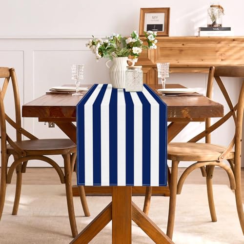 Navy Blue and White Striped Table Runner, 13" x 72" Nautical Dining Decor