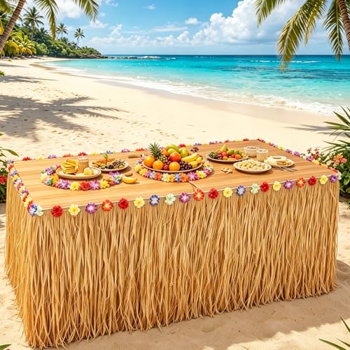 Tropical Luau Grass Table Skirt with Hibiscus Flowers - 9.8ft Waterproof