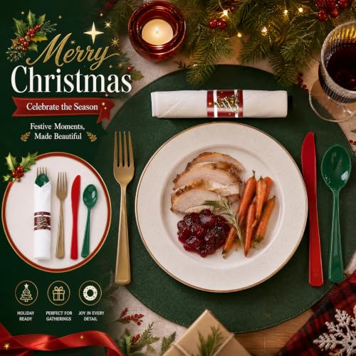 Christmas Silverware and Napkin Set - 100 Pack Wrapped Plastic Cutlery with Napkins