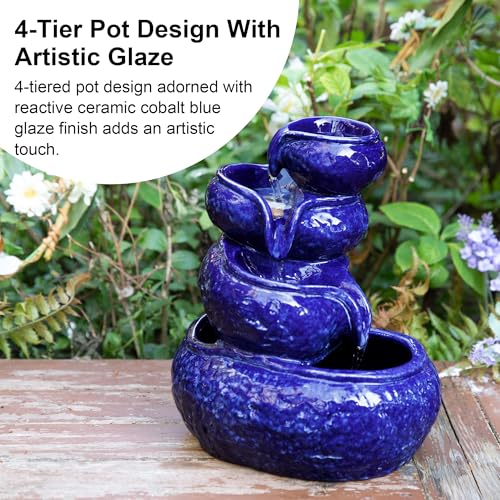 4-Tier Ceramic Tabletop Water Fountain, Cobalt Blue Cascading Indoor Decor