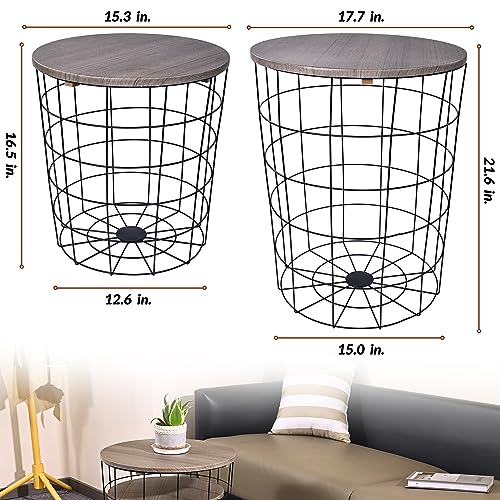 Nesting Side Table Set of 2 with Wire Basket Base and Wood Top