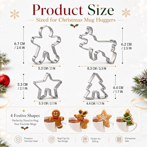 Crethinkaty 4 Pcs Christmas Stainless Steel Mug Rim Cookie Cutters – Edges Over the Edge Cup Moulds, Gingerbread Elk Tree Star