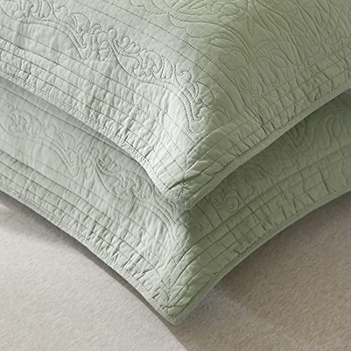 Quilted Cotton Pillow Shams - Sage Green Floral Standard 20x26 Inch Set