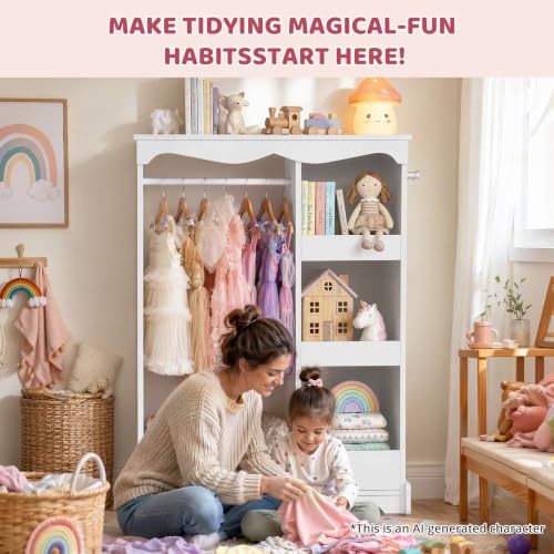 Kids Wooden Dress-Up Wardrobe with Full-Length Mirror and Storage Shelves
