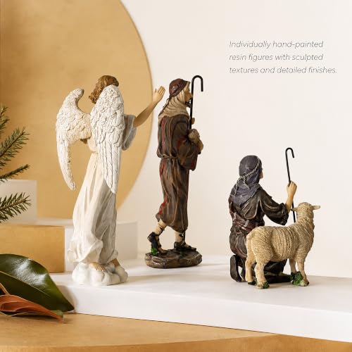 Three Kings Gifts 14-Inch Nativity Add-On Set — 3-Piece Polystone Shepherds & Angel with Sheep