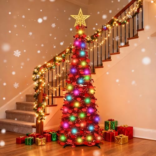 5ft Prelit Pop-Up Christmas Tinsel Pencil Tree with 50 LED Lights - Red