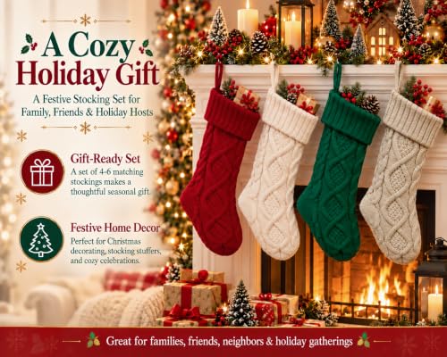 Fesciory 14-Inch Christmas Stockings 6 Pack – Burgundy, Ivory, Green Cable Knit