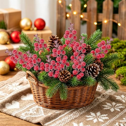 Fangoo 20Pcs Artificial Snowy Red Berry Stems with Clips – Snow Red-15berry
